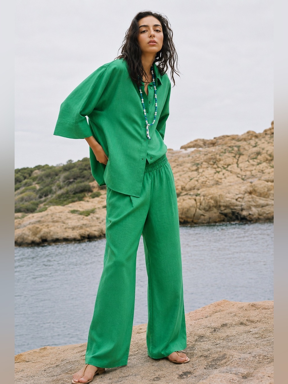 Zara green oversized linen blend short with french sleeves